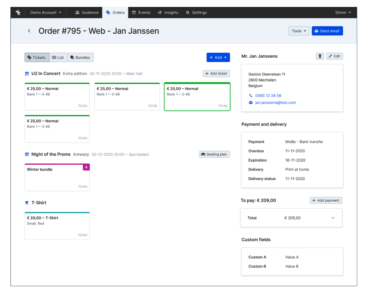 Order detail screen with tickets, bundle and product in one fully paid order.